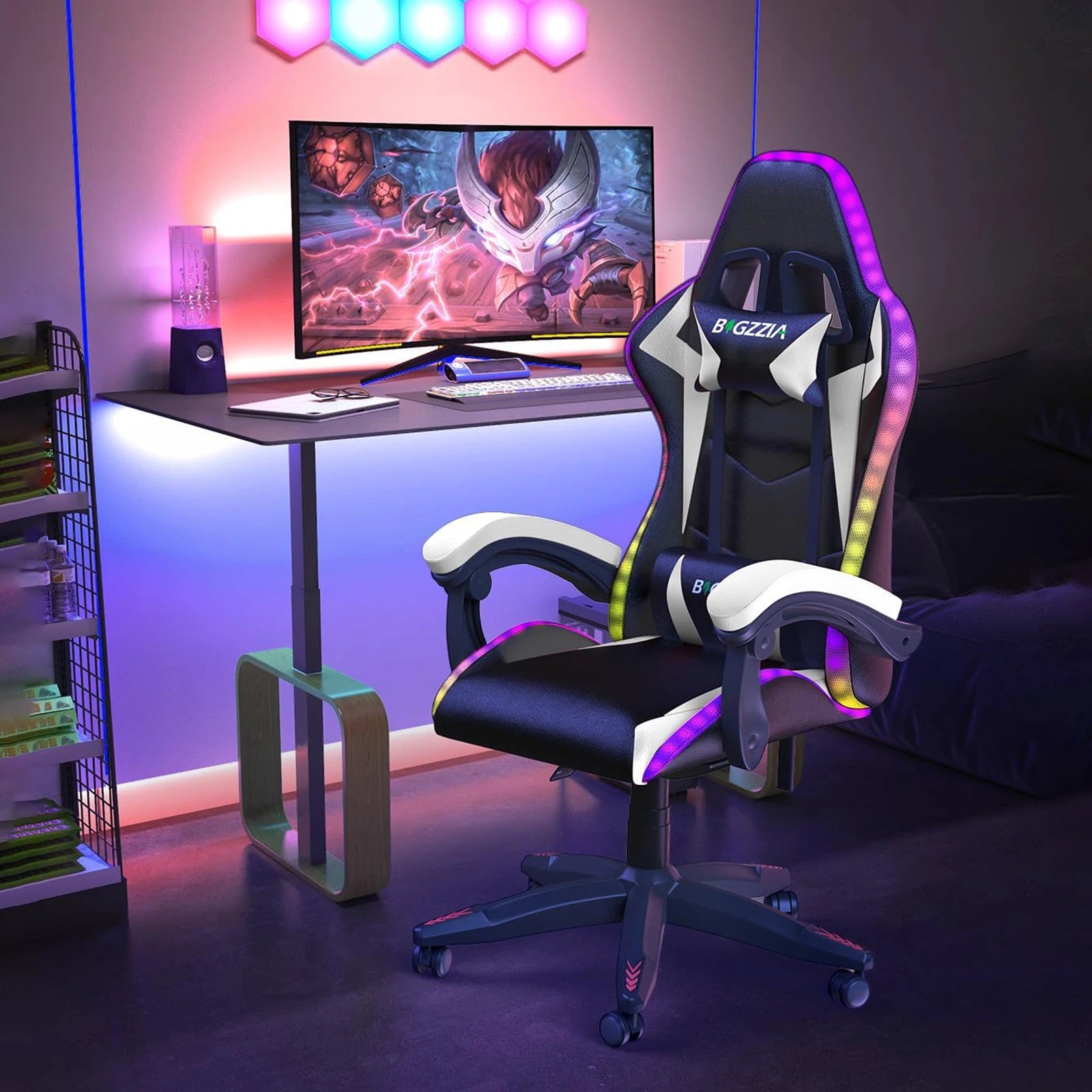 Computer Gaming Chair RGB LED Lights Ergonomic PU Leather