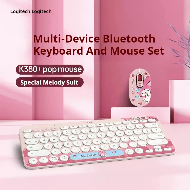 Logitech K380 Sanrio My Melody Wireless Bluetooth Keyboard Mouse Combos Set Cute Melody Pop Mouse For Tablet Android Home Office