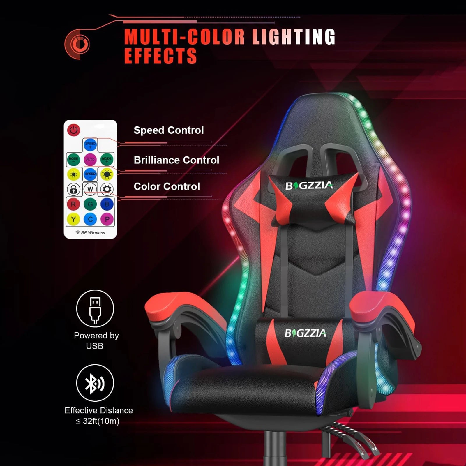 RGB Gaming Chair with LED Lights and Ergonomic Reclining PU Leather