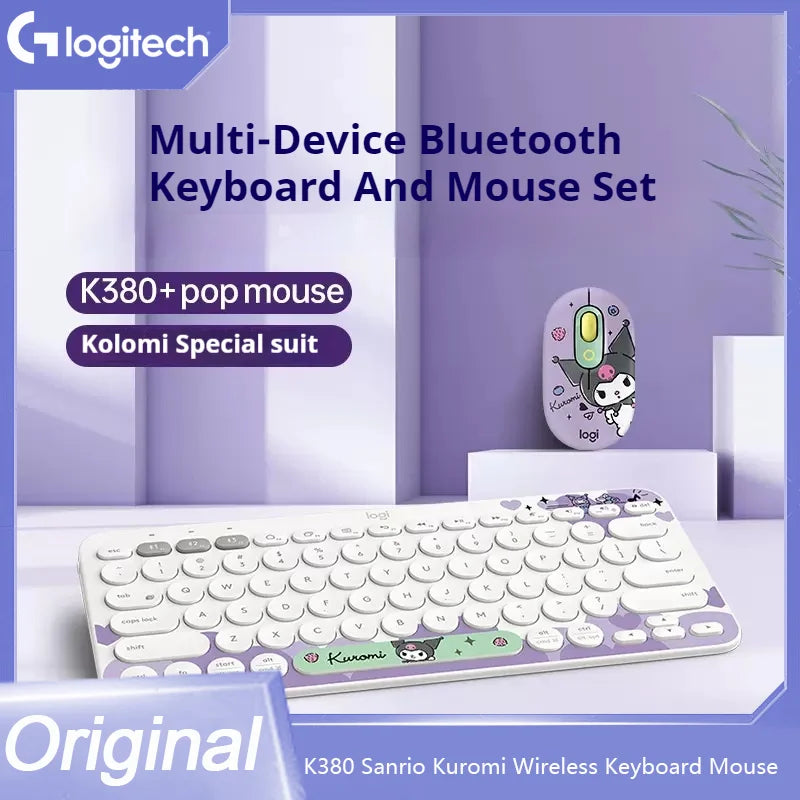 Logitech K380 Sanrio Kuromi Wireless Bluetooth Keyboard Mouse Combos For Tablet Cute Office Set Kuromi Pop Mouse K380 Keyboard