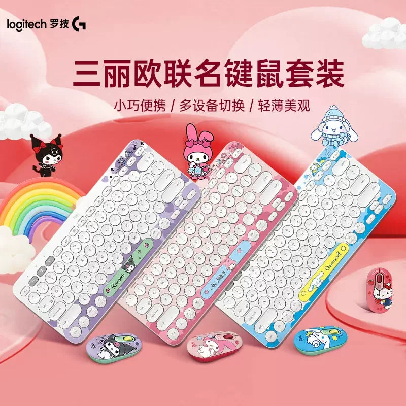 Logitech K380 Sanrio Cinnamoroll Kuromi Wireless Keyboard Mouse Combos Kawaii POP Mouse Bluetooth Wireless Keyboard For Office