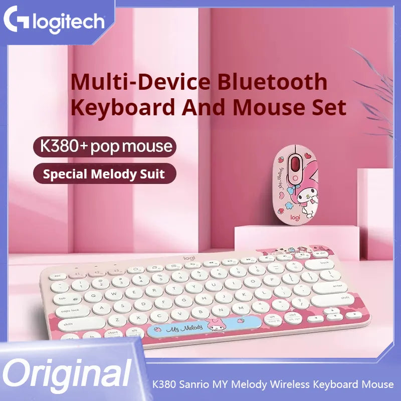 Logitech K380 Sanrio My Melody Wireless Bluetooth Keyboard Mouse Combos Set Cute Melody Pop Mouse For Tablet Android Home Office